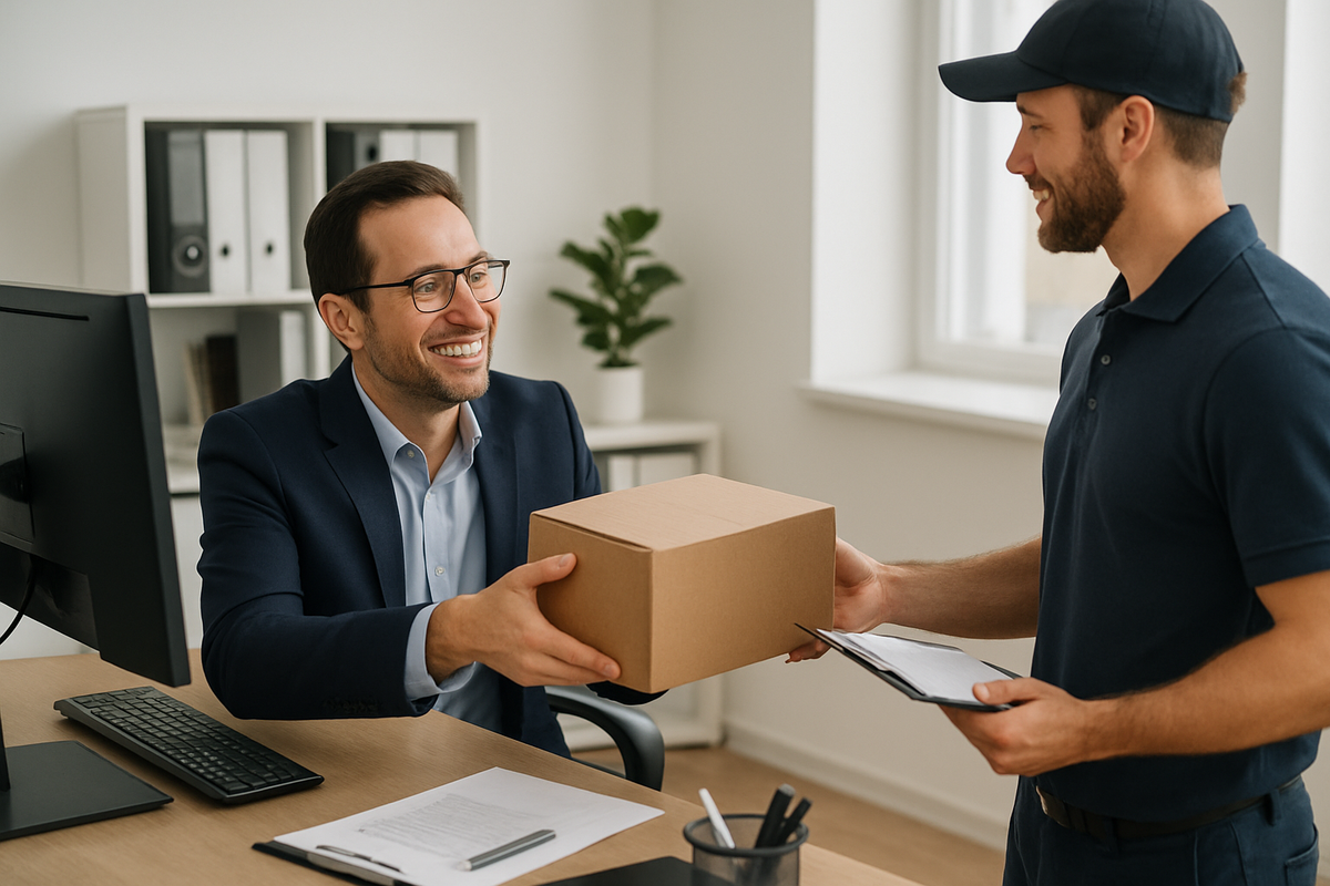 can you make the man receiving the delivery look at the delivery man